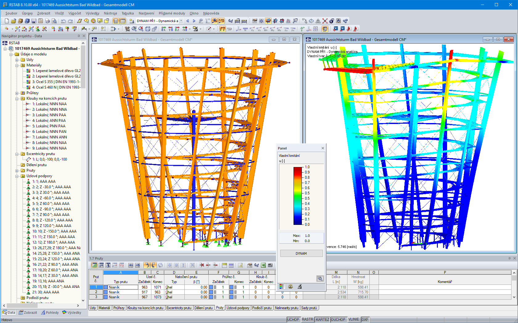 3D model a první vlastní tvar vyhlídkové věže v programu RSTAB (© WIEHAG GmbH)