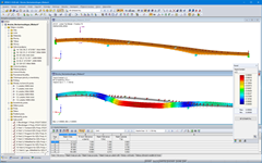 Model a první vlastní tvar mostu pro pěší a cyklisty v programu RFEM (© IB Miebach)