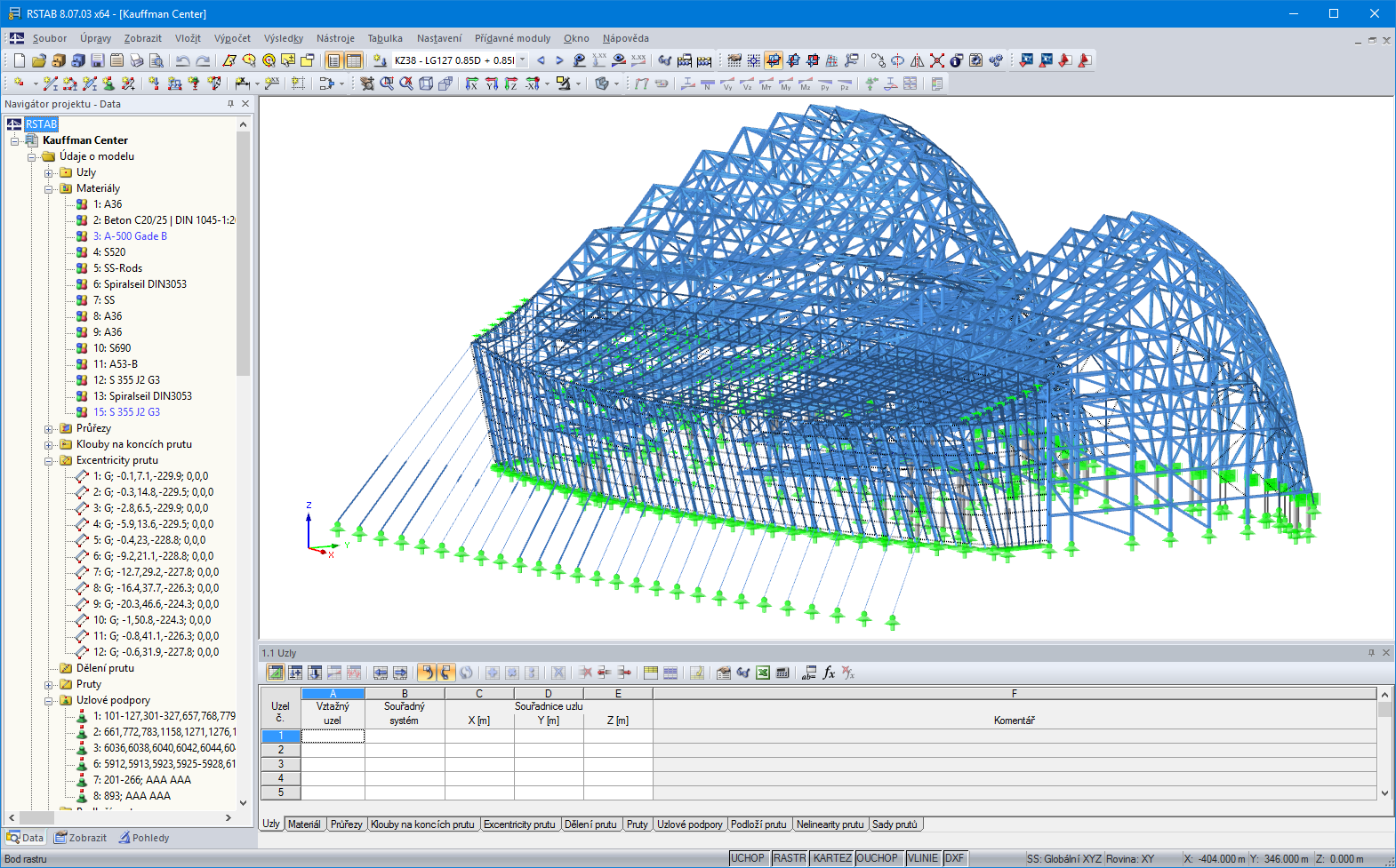 3D model ocelové nosné konstrukce atria v programu RSTAB (© www.novumstructures.com)