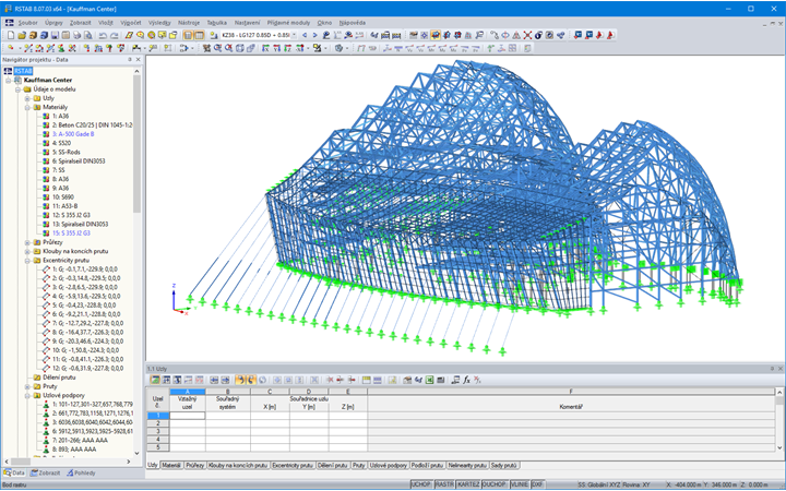 3D model ocelové nosné konstrukce atria v programu RSTAB (© www.novumstructures.com)
