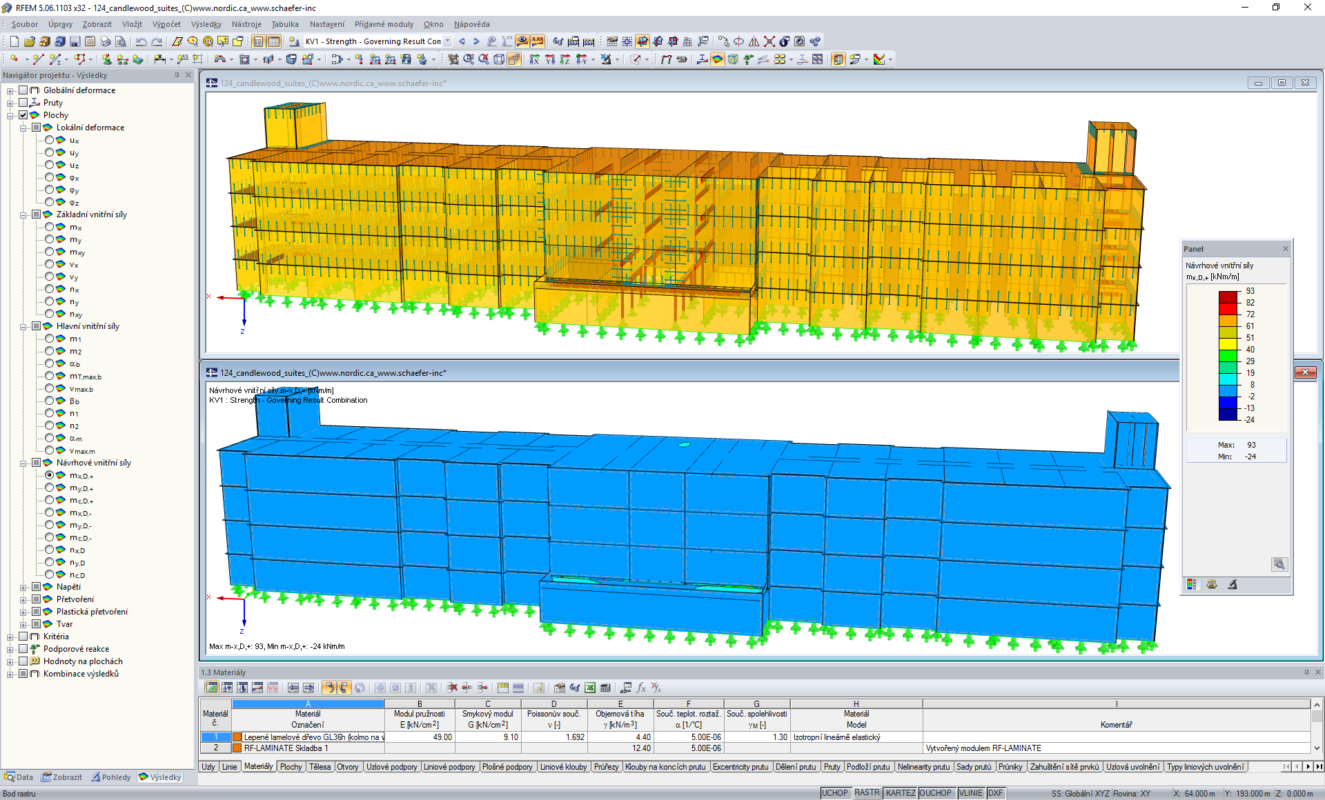 3D-Modell (oben) und Schnittgrößendarstellung (unten) der Holztragkonstruktion in RFEM (© Nordic Structures, © Schaefer)