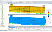 3D-Modell (oben) und Schnittgrößendarstellung (unten) der Holztragkonstruktion in RFEM (© Nordic Structures, © Schaefer)