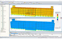 3D-Modell (oben) und Schnittgrößendarstellung (unten) der Holztragkonstruktion in RFEM (© Nordic Structures, © Schaefer)