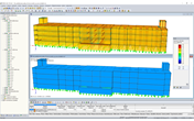 3D-Modell (oben) und Schnittgrößendarstellung (unten) der Holztragkonstruktion in RFEM (© Nordic Structures, © Schaefer)