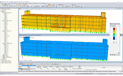 3D-Modell (oben) und Schnittgrößendarstellung (unten) der Holztragkonstruktion in RFEM (© Nordic Structures, © Schaefer)