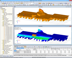 3D-Modell (oben) und in RF-DYNAM berechnete Eigenform (unten) der Holztragkonstruktion in RFEM (© Dr. Ing. Berger, Dr. Ing. Gadner Meran)