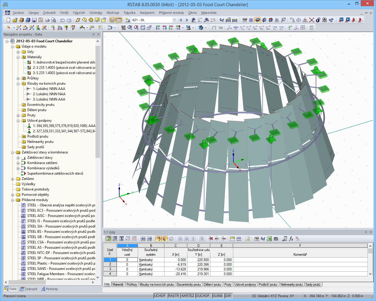 3D model nosné konstrukce ze skleněných lustrů v programu RSTAB (© www.stutzkiengineering.com)