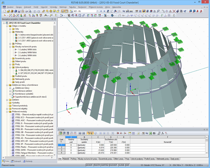 3D model nosné konstrukce ze skleněných lustrů v programu RSTAB (© www.stutzkiengineering.com)