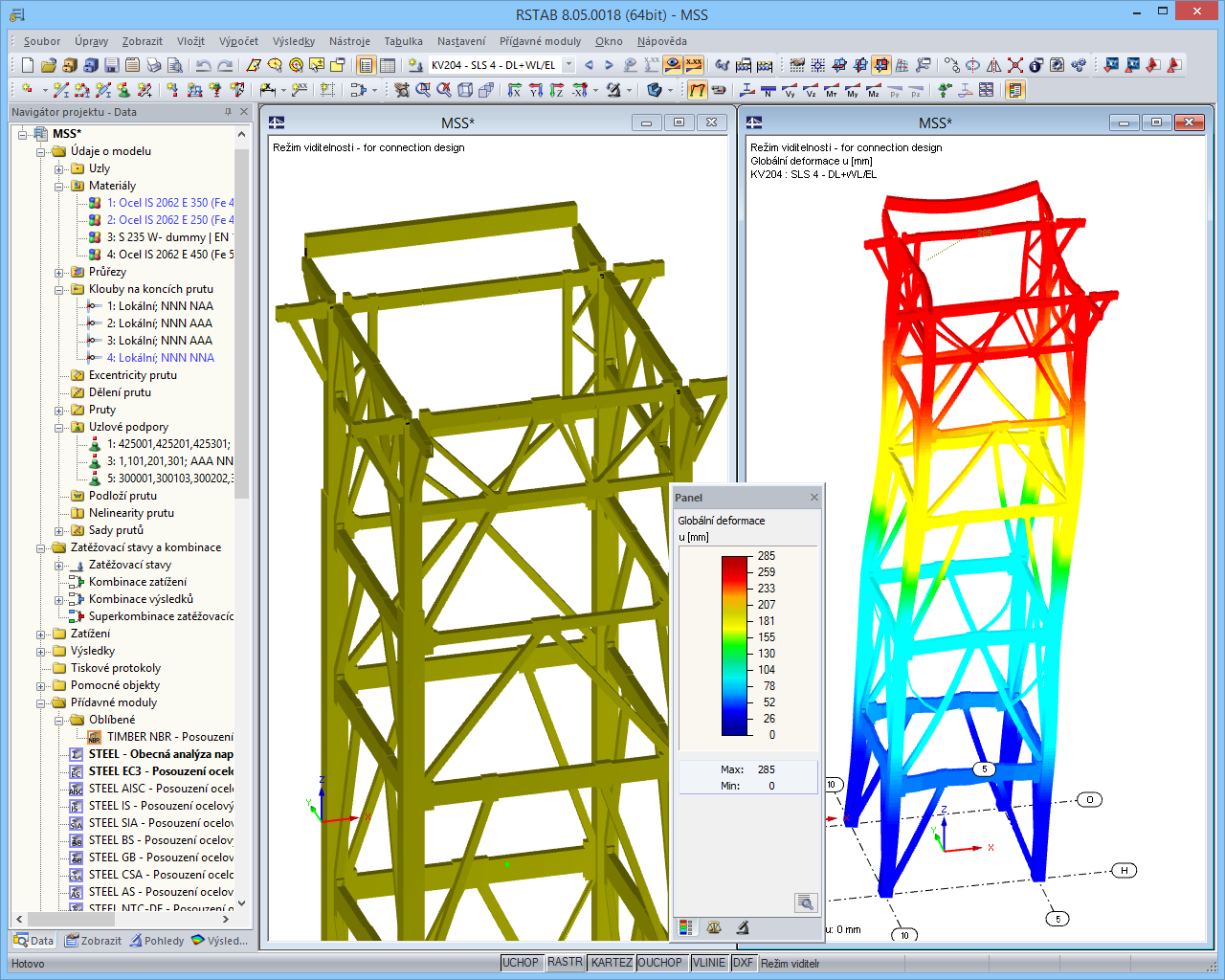 3D-Modell des Kesselgerüstes und Verformungsfigur in RSTAB (© Voss & Kamb und Partner GmbH)