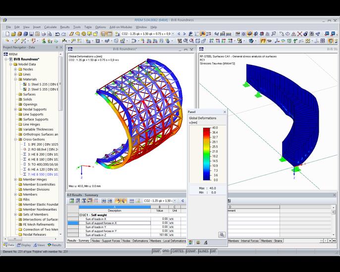 Model zaoblené stěny a schodiště s výsledky posouzení v programu RFEM (© osd GmbH & Co. KG)
