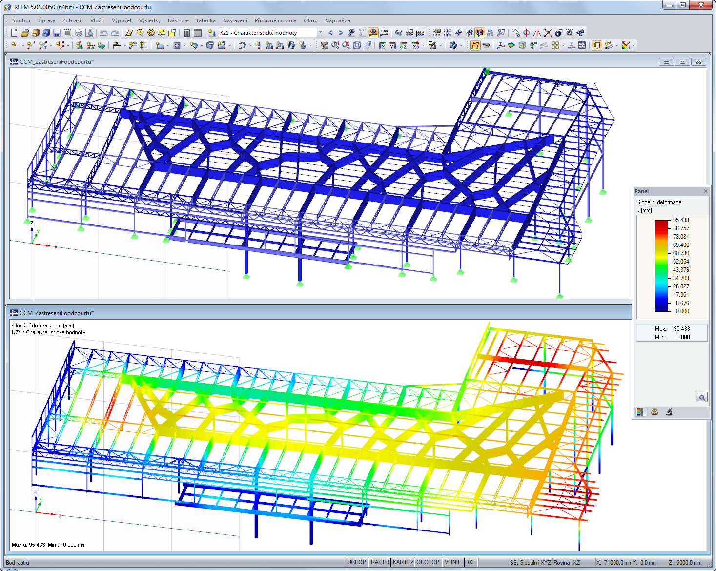 Modell des Food Court-Daches in RFEM mit Verformungsergebnissen (© Helika a.s.)