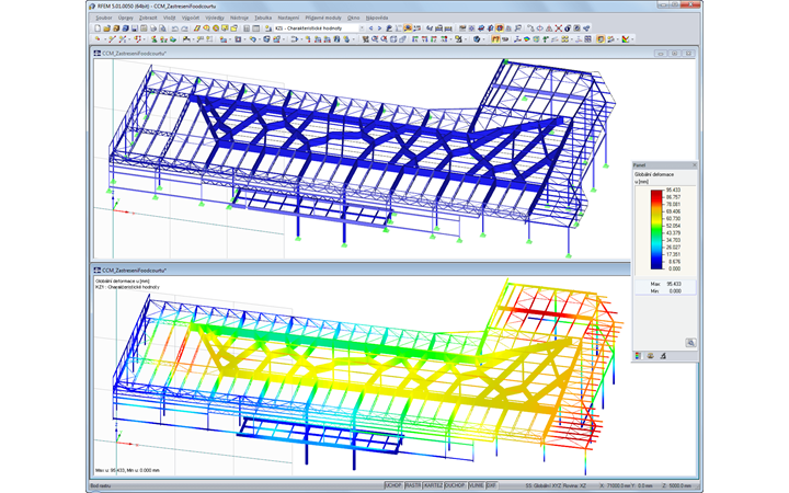 Modell des Food Court-Daches in RFEM mit Verformungsergebnissen (© Helika a.s.)
