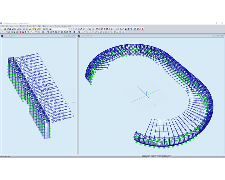 3D model VIP tribuny (vlevo) a hlavní části stadionu (vpravo) v programu RSTAB
