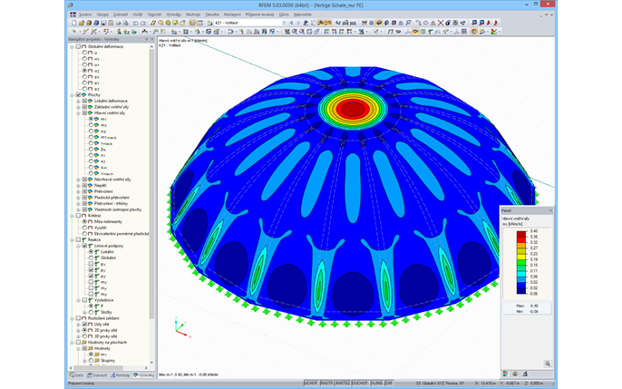 RFEM-Grafik mit Darstellung der max. Momente von 0,40 kNm/m in der Schale (Endzustand) unter Eigengewicht und 1,50 kN/m² Schnee (© TU Wien)