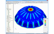 RFEM-Grafik mit Darstellung der max. Momente von 0,40 kNm/m in der Schale (Endzustand) unter Eigengewicht und 1,50 kN/m² Schnee (© TU Wien)