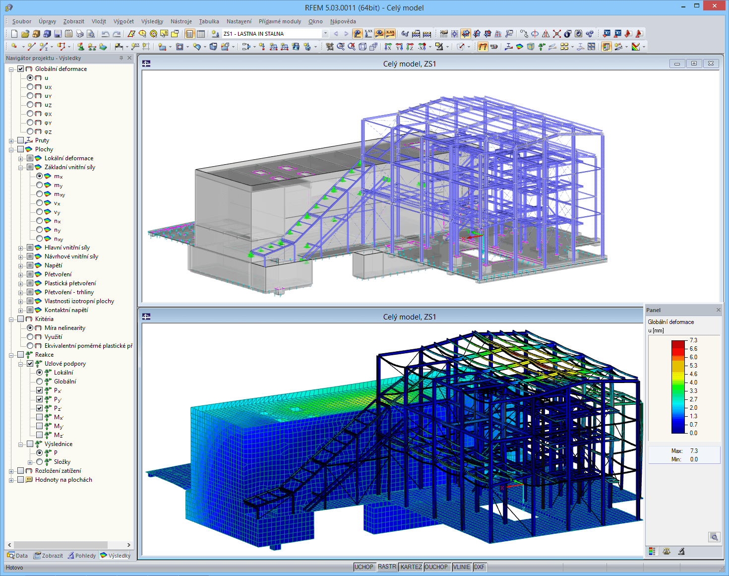 Modell und Verformungsfigur des Kesselhauses in RFEM (© AG-inženiring)