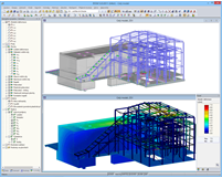 Modell und Verformungsfigur des Kesselhauses in RFEM (© AG-inženiring)
