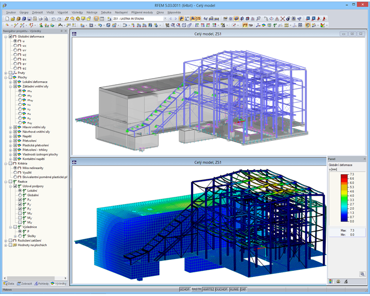 Modell und Verformungsfigur des Kesselhauses in RFEM (© AG-inženiring)