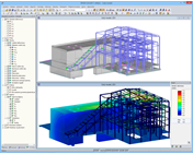 Modell und Verformungsfigur des Kesselhauses in RFEM (© AG-inženiring)