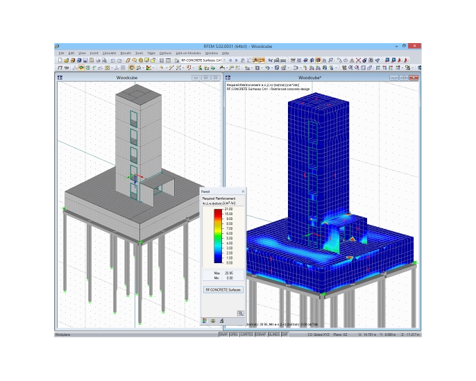 Model a výsledky posouzení železobetonové konstrukce (© Isenmann Ingenieure)