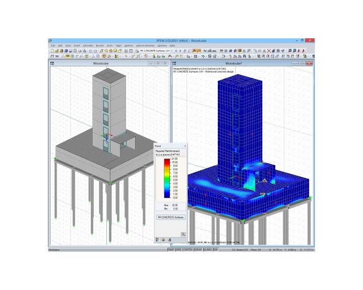 Model a výsledky posouzení železobetonové konstrukce (© Isenmann Ingenieure)
