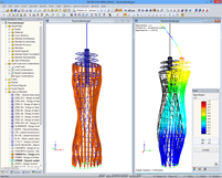 Vizualizace 3D modelu v programu RSTAB a vlastní tvar vypočítaný v modulu DYNAM (© LACKNER + RAML)