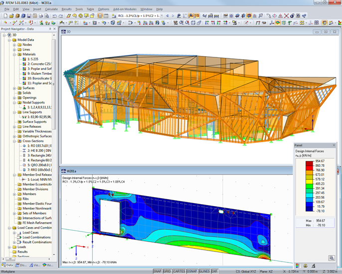 Celkový 3D model (nahoře) a návrhové vnitřní síly stěny z křížem lepeného dřeva (dole) v programu RFEM (© Schrentewein & Partner)