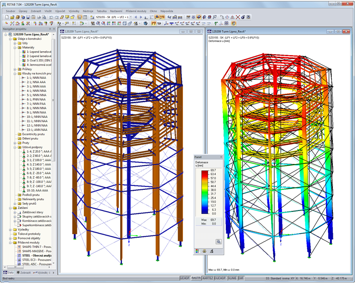 Modell und Verformungsbild des Turms in RSTAB (© WIEHAG)