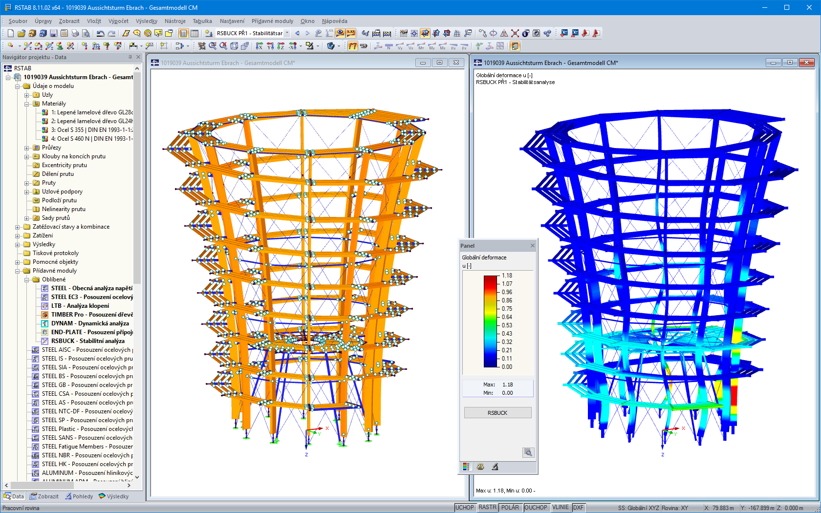 3D-Modell und Knickfigur des Aussichtsturmes in RSTAB (© WIEHAG GmbH)