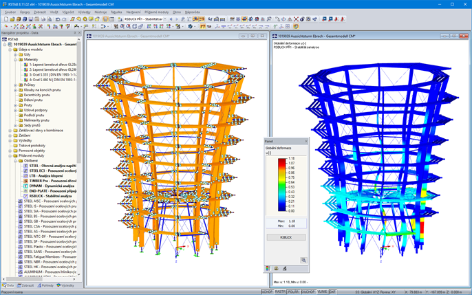 3D-Modell und Knickfigur des Aussichtsturmes in RSTAB (© WIEHAG GmbH)