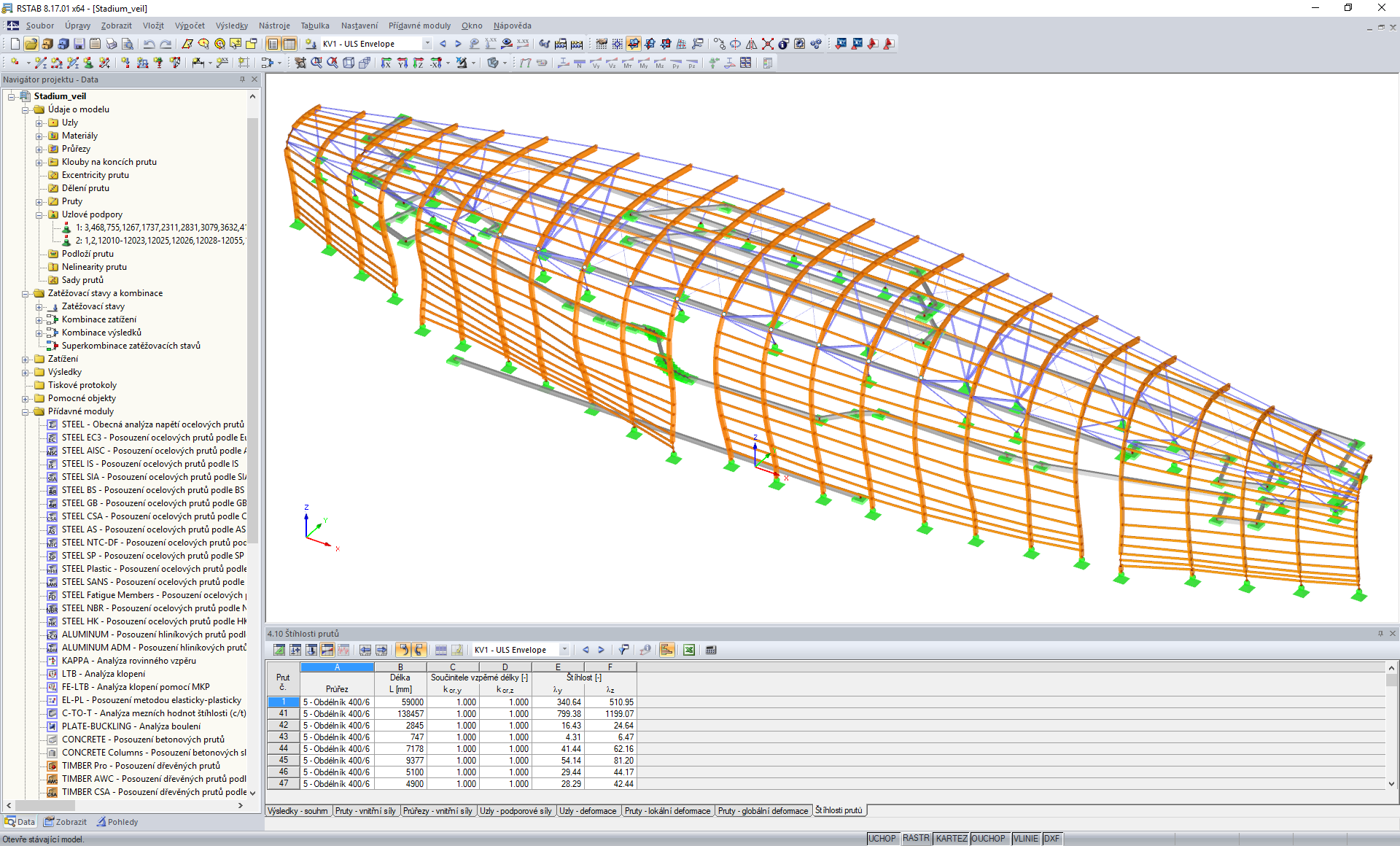 Model dřevěné fasády stadionu TD Place v kanadské Ottawě vytvořený v programu RSTAB (© Moses Structural Engineers Inc.)