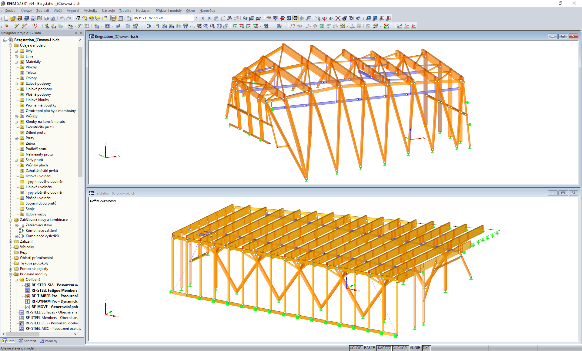 Model vrcholové (nahoře) a údolní (dole) stanice v programu RFEM (© Indermühle Bauingenieure)