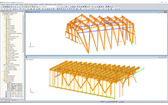 Model vrcholové (nahoře) a údolní (dole) stanice v programu RFEM (© Indermühle Bauingenieure)