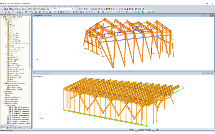 Model vrcholové (nahoře) a údolní (dole) stanice v programu RFEM (© Indermühle Bauingenieure)