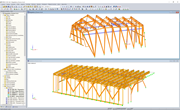 Model vrcholové (nahoře) a údolní (dole) stanice v programu RFEM (© Indermühle Bauingenieure)