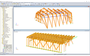 Model vrcholové (nahoře) a údolní (dole) stanice v programu RFEM (© Indermühle Bauingenieure)
