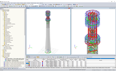 Das Turmmodell im RFEM-Programm (der ganze Turm links, Detail des Stahlteils rechts) (© Allcons s.r.o.)