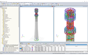 Das Turmmodell im RFEM-Programm (der ganze Turm links, Detail des Stahlteils rechts) (© Allcons s.r.o.)