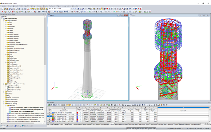 Das Turmmodell im RFEM-Programm (der ganze Turm links, Detail des Stahlteils rechts) (© Allcons s.r.o.)
