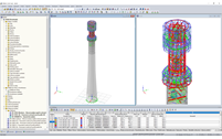 Das Turmmodell im RFEM-Programm (der ganze Turm links, Detail des Stahlteils rechts) (© Allcons s.r.o.)