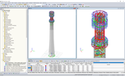 Das Turmmodell im RFEM-Programm (der ganze Turm links, Detail des Stahlteils rechts) (© Allcons s.r.o.)