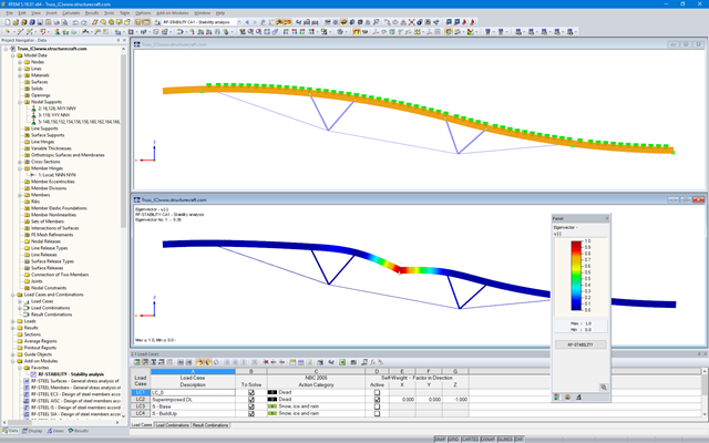 Model (nahoře) a 1. tvar (dole) hybridního střešního vazníku v programu RFEM (© StructureCraft Builders Inc.)
