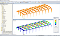 3D model střechy (nahoře) a výsledky posouzení v modulu RF-TIMBER Pro (dole) v programu RFEM (© Rodentia SIA)