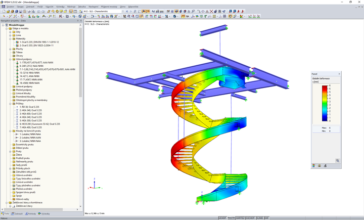RFEM model točitého schodiště s vizualizacemi deformací (© Vic Obdam Staalbouw BV)