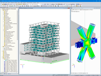 3D model centrály Markas (vlevo) a analýza napětí v uzlu příhradové konstrukce v programu RFEM (vpravo, © ATP)