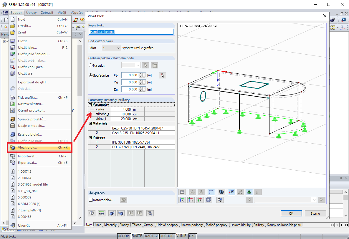 Vložení uloženého bloku s parametry