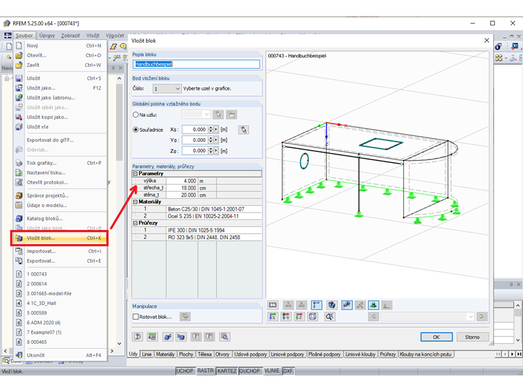 Vložení uloženého bloku s parametry