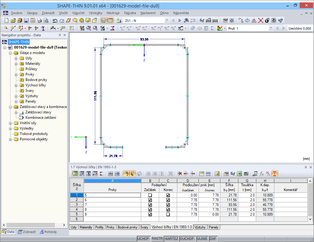 Tabulka 1.7 Výchozí šířky podle EN 1993-1-3