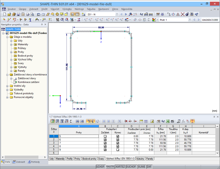 Tabulka 1.7 Výchozí šířky podle EN 1993-1-3