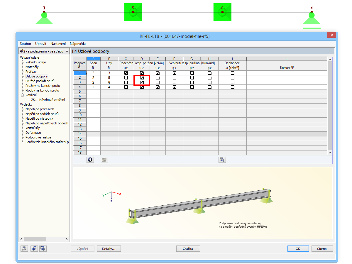 Zadání podpor proti příčnému posunutí
